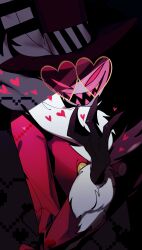 1boy ama0805 coat colored_skin demon_boy fur-trimmed_coat fur_trim hat hazbin_hotel heart heart-shaped_eyewear highres long_coat looking_at_viewer pink_coat purple_skin red_eyes sharp_teeth solo teeth valentino_(hazbin_hotel)