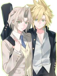 2boys bandaid bandaid_on_cheek bandaid_on_face black_jacket blonde_hair blue_eyes cloud_strife cloud_strife_(midgard_seventh_high_school) collared_shirt final_fantasy final_fantasy_vii final_fantasy_vii_ever_crisis grey_hair hand_on_another&#039;s_head highres jacket long_sleeves male_focus multiple_boys official_alternate_costume school_uniform sephiroth sephiroth_(ever_crisis) sephiroth_(shinra_private_academy) shirt short_hair spiked_hair standing yaoi yebuyeye