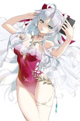 1girl bow carlotta_(splashing_summer)_(wuthering_waves) carlotta_(wuthering_waves) casual_one-piece_swimsuit cross-laced_clothes cross-laced_one-piece_swimsuit frilled_one-piece_swimsuit frills highres off-shoulder_one-piece_swimsuit off_shoulder official_alternate_costume one-piece_swimsuit phone pink_bow pink_one-piece_swimsuit serpent_(pepepp39) simple_background solo swimsuit white_background wuthering_waves