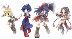 4girls ahoge alchemist_(ragnarok_online) animal_ears axe bikini bikini_top_only black_gloves black_hair black_pantyhose black_shorts black_socks blonde_hair blue_eyes blue_hair blue_hairband blush book boots bow bow_(weapon) breasts bright_pupils brown_boots brown_cape brown_capelet brown_eyes brown_gloves brown_hair brown_shirt brown_skirt cape capelet closed_mouth commentary_request crop_top cropped_jacket dress elbow_gloves fake_animal_ears fingerless_gloves full_body fur_collar gloves green_eyes grey_dress hair_bow hairband highres holding holding_axe holding_book holding_bow_(weapon) holding_weapon hunter_(ragnarok_online) jacket juliet_sleeves long_hair long_sleeves looking_afar looking_at_viewer looking_to_the_side mary_janes midriff miniskirt multiple_girls navel open_mouth pantyhose pelvic_curtain pinwheel_hair_ornament priest_(ragnarok_online) puffy_sleeves purple_dress purple_gloves rabbit_ears ragnarok_online red_bow red_shoes sage_(ragnarok_online) shirt shoes short_hair short_shorts short_sleeves shorts shorts_under_skirt side_slit simple_background skirt small_breasts smile socks strapless strapless_dress striped_capelet swimsuit weapon white_background white_jacket white_pupils yuru4u