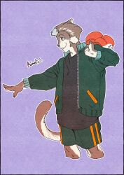 Rule 34 | 1boy, admetus, animal ears, bakushi (smys2017), body fur, brown fur, brown hair, brown shirt, cat boy, cat ears, cat tail, cats (musical), claws, cowboy shot, cropped legs, green jacket, green shorts, highres, holding, jacket, male focus, purple background, shirt, short hair, shorts, simple background, solo, standing, tail
