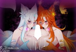 1boy 2girls @_@ ass bare_shoulders blue_gloves blue_hair breast_press breasts censored choker collarbone commentary commission cooperative_paizuri cum cum_on_body cum_on_breasts cum_on_hair cum_on_upper_body elbow_gloves english_commentary facial ffm_threesome fox_girl gloves glowing glowing_heart glowing_penis group_sex hair_ornament hetero highres huge_breasts hypnosis indie_virtual_youtuber large_variant_set long_hair looking_at_viewer mind_control multicolored_hair multiple_girls orange_hair orange_tail paizuri penis ryncka smug_alana snowflake_hair_ornament symmetrical_docking teamwork_(sexual) threesome two-tone_hair variant_set virtual_youtuber white_hair white_tail