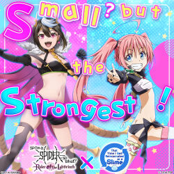 2girls ahoge ariel_(kumo_desu_ga_nani_ka?) ass between_breasts black_gloves black_hair black_shorts blue_eyes breasts butt_crack crop_top crossover elbow_gloves gloves grin kumo_desu_ga_nani_ka? long_hair looking_at_viewer midriff milim_nava multiple_girls navel official_art open_mouth pink_hair shorts small_breasts smile stomach teeth tensei_shitara_slime_datta_ken thighhighs twintails v
