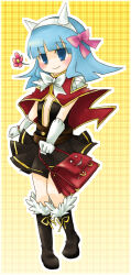 1girl black_boots black_dress blue_eyes blue_hair blush boots bow bowtie cape closed_mouth commentary_request cone_horns creator_(ragnarok_online) doroidsan dress fake_horns flower full_body fur-trimmed_boots fur_trim gloves highres horns looking_at_viewer medium_hair pink_bow pink_bowtie pink_flower plaid_background plunging_neckline ragnarok_online red_bag red_cape smile solo standing white_bow white_bowtie white_gloves white_horns yellow_background