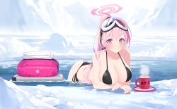 1girl absurdres artist_request ass bare_shoulders bikini black_bikini blue_archive blurry blurry_background blush breasts cleavage closed_mouth coffee_mug collarbone cup eimi_(blue_archive) eimi_(swimsuit)_(blue_archive) game_cg glacier goggles goggles_on_head halo highres ice large_breasts long_hair looking_at_viewer mug non-web_source official_alternate_costume official_art outdoors pink_hair pink_halo ponytail purple_eyes side-tie_bikini_bottom ski_goggles smile solo string_bikini swimsuit water