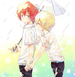 10s 2013 2boys belt blonde_hair blush child dated haru_(tsuritama) male_focus moxue_qianxi multiple_boys outdoors rain red_hair sanada_yuki see-through_clothes see-through_shirt shirt short_hair signature soaked standing tagme tsuritama umbrella wet wet_clothes wet_hair wet_pants wet_shirt