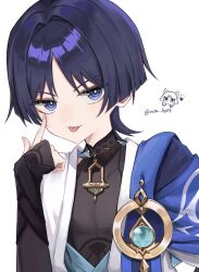 1boy :p akanbe anemo_symbol_(genshin_impact) aqua_gemstone armor black_bodysuit black_bridal_gauntlets blue_cape blue_eyes blue_kimono blue_pupils blunt_ends bodysuit bridal_gauntlets cape eyelashes eyelid_pull eyeliner eyeshadow finger_to_eye gem genshin_impact gold hair_intakes hand_up heart highres index_finger_raised japanese_armor japanese_clothes juban kimono kote kurokote looking_at_viewer makeup male_focus mandarin_collar open_clothes open_kimono parted_bangs red_eyeliner red_eyeshadow ruta_hp04 scaramouche_(cat)_(genshin_impact) scaramouche_(genshin_impact) shoulder_peek solo tongue tongue_out twitter_username upper_body wanderer_(genshin_impact) white_background white_kimono white_trim wispy_bangs