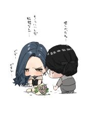2girls absurdres black_hair blue_hair bouquet chibi chibi_only commentary crying dress flower grey_dress hara_kenshi highres kimishima_touka long_hair multiple_girls original short_hair simple_background translation_request white_background