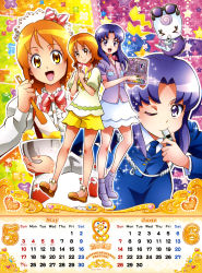 10s 2015 4girls :d absurdres baking bow brown_eyes brown_hair calendar copyright_name dual_persona frills gurasan_(happinesscharge_precure!) hairband happinesscharge_precure! highres hikawa_iona june may multiple_girls official_art one_eye_closed oomori_yuuko open_mouth police police_uniform policewoman precure purple_eyes purple_hair satou_masayuki shirt shoes short_hair shorts skirt smile spatula standing whistle