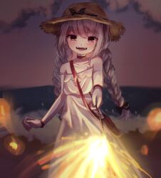 1girl bag bangle bare_shoulders beach black_ribbon blunt_bangs blurry bow bracelet braid collar collarbone cowboy_shot depth_of_field dress fangs grey_hair hair_ribbon handbag hat hat_bow highres holding holding_fireworks jewelry long_hair makaino_ririmu makaino_ririmu_(3rd_costume) multicolored_hair night nijisanji open_mouth pointy_ears red_collar red_eyes red_hair ribbon sky sleeveless sleeveless_dress smile solo strap_slip straw_hat streaked_hair sundress tamagochicken3 twin_braids virtual_youtuber white_dress yellow_hat