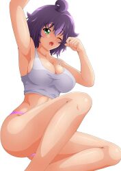 Rule 34 | 1girl, absurdres, arm up, armpits, blush, breasts, cleavage, collarbone, green eyes, highres, large breasts, legs, looking at viewer, midriff, one eye closed, open mouth, panties, purple hair, purple panties, shirt, short hair, sitting, solo, stretching, tank top, thick thighs, thighs, thong, underwear, waking up, white background, white shirt, yukino akaihi, yukino memories, zel-sama