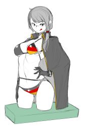 1girl absurdres bikini black_gloves breasts closed_mouth glasses gloves greyscale highres isone_kotoha long_hair looking_at_viewer monochrome multicolored_bikini navel simple_background smile solo spot_color swimsuit twintails white_background yasuda_suzuhito yozakura_quartet