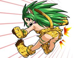 Rule 34 | 1girl, :d, animal ear fluff, animal ears, animal hands, animal print, arms up, ass, blush stickers, breasts, cat ears, cat girl, cat tail, cham cham, earrings, full body, gloves, green eyes, green hair, hair between eyes, hip attack, hoop earrings, jewelry, long hair, looking at viewer, open mouth, outstretched arms, paw gloves, paw shoes, pointy ears, samurai spirits, sharp teeth, small breasts, smile, tail, teeth, tiger print, very long hair, yuuya (blue scarab)