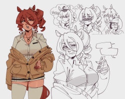 4girls ahoge animal_ears blunt_bangs bow breast_pocket breasts brown_cardigan cardigan cellphone cleavage collarbone collared_shirt commentary curtained_hair dress_shirt drill_hair drill_sidelocks drooling ear_bow grey_background gutalalaman hair_between_eyes highres holding holding_phone horse_ears horse_girl horse_tail image_in_thought_bubble imagining jewelry jitome large_breasts miniskirt minnie_the_lady_(umamusume) mouth_drool multiple_girls necklace norn_ace_(umamusume) nose_bubble off_shoulder oguri_cap_(umamusume) open_mouth partially_colored phone pocket portrait red_eyes red_hair red_nails red_tail ring ring_necklace rudy_lemono_(umamusume) scowl shaded_face sharp_teeth shirt side_drill sidelocks simple_background skirt sleeves_past_wrists smartphone speech_bubble tail teeth thighhighs thought_bubble umamusume umamusume:_cinderella_gray upper_body v-shaped_eyebrows white_shirt white_thighhighs zettai_ryouiki zzz