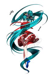 1girl absurdres aqua_eyes aqua_hair backless_dress backless_outfit bare_legs black_bow blue_shoes bow candy dress eye_hair_ornament eye_print eyeball_hair_ornament folded_hair food from_behind full_body hair_bow hand_up hashtag-only_commentary hatsune_miku high_heels highres holding holding_candy holding_food holding_lollipop juliet_sleeves lollipop long_hair long_sleeves looking_at_viewer looking_back natwjeq parted_lips psi_(vocaloid) puffy_sleeves red_bow red_dress red_ribbon ribbon shoes sidelocks simple_background solo song_name twintails uneven_twintails very_long_hair vocaloid white_background