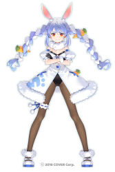 1girl animal_ear_fluff animal_ears black_gloves black_leotard black_pantyhose blue_hair bow braid carrot_hair_ornament carrot_in_pocket coat coat_dress colored_shoe_soles copyright_notice crossed_arms detached_sleeves don-chan_(usada_pekora) dress extra_ears food-themed_hair_ornament footwear_bow frilled_thigh_strap full_body fur-trimmed_coat fur-trimmed_gloves fur_scarf fur_trim gloves grin hair_ornament highres hikimayu hololive legs_apart leotard leotard_under_clothes long_hair looking_at_viewer mary_janes multicolored_hair official_art pantyhose parted_hair playboy_bunny puffy_detached_sleeves puffy_short_sleeves puffy_sleeves rabbit-shaped_pupils rabbit_ears rabbit_girl red_eyes scarf shoes short_eyebrows short_sleeves sidelocks simple_background smile solo standing straight-on strapless strapless_leotard symbol-shaped_pupils thick_eyebrows thigh_strap twin_braids twintails two-tone_hair usada_pekora usada_pekora_(1st_costume) virtual_youtuber white_background white_coat white_hair white_scarf white_shoes white_sleeves yuuki_hagure