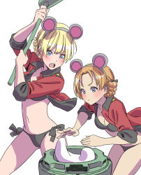 absurdres adapted_costume animal_ears bikini black_bikini blonde_hair blue_eyes blush bow braid breasts chinese_zodiac collarbone darjeeling_(girls_und_panzer) fake_animal_ears food girls_und_panzer hair_bow highres jacket kine large_breasts mallet military_jacket mochi mochitsuki multiple_girls navel open_mouth orange_hair orange_pekoe_(girls_und_panzer) parted_bangs red_jacket short_hair side-tie_bikini_bottom st._gloriana&#039;s_military_uniform swimsuit thighs twin_braids yamashita_shun&#039;ya year_of_the_rat