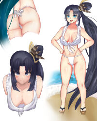 absurdres ass black_hair blue_eyes breasts fate/grand_order fate_(series) fundoshi highres japanese_clothes long_hair medium_breasts multiple_views ran_sk swimsuit ushiwakamaru_(fate) ushiwakamaru_(fate/grand_order) ushiwakamaru_(swimsuit_assassin)_(fate)