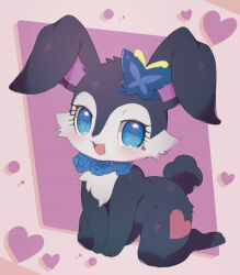 1girl :3 animal_ears animal_nose ass black_fur blue_eyes blue_flower blush butterfly_hair_ornament chibikemo commentary_request flower full_body furry furry_female hair_ornament heart highres jewelpet_(creature) jewelpet_(series) kneeling looking_at_viewer luea_(jewelpet) open_mouth rabbit_ears rabbit_girl rabbit_tail rorizu shortstack smile solo tail wide_hips