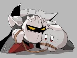 1other angry armor bdsm black_skin blush bondage bound cape colored_skin dark_meta_knight dark_persona domination facing_viewer frown gloves grey_background grey_skin hand_on_another&#039;s_head highres kirby_(series) kirby_&amp;_the_amazing_mirror knight lying mask mittens nintendo no_humans on_floor on_stomach pauldrons red_eyes red_footwear rope scar scar_across_eye scar_on_face shadow_kirby shoulder_armor simple_background subaru331 tareme torn_cape torn_clothes white_gloves white_mittens yellow_eyes