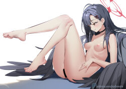 1girl bar_censor barefoot black_choker black_eyes black_hair black_wings blue_archive blush breasts censored choker closed_mouth commentary_request completely_nude feathered_wings feet full_body hair_ornament hairclip halo ichika_(blue_archive) knees_together_feet_apart knees_up legs legs_up long_hair looking_ahead low_wings lying medium_breasts nipples nude parted_bangs patreon_username pussy red_halo sideways_mouth simple_background solo sydus toenails toes white_background wings