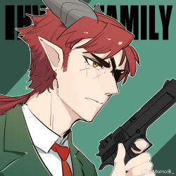 1boy arknights artist_name chinese_commentary closed_mouth cogimo commentary_request cosplay cross_scar english_text eyepatch facial_scar formal_clothes green_suit gun handgun hoederer_(arknights) holding holding_gun holding_weapon horns looking_to_the_side male_focus necktie one_eye_covered pointy_ears ponytail red_hair red_necktie scar scar_on_cheek scar_on_face shirt spy_x_family suit twilight_(spy_x_family) twilight_(spy_x_family)_(cosplay) upper_body watermark weapon weibo_username weibo_watermark white_shirt