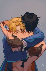 Rule 34 | 2boys, arm tattoo, black hair, blonde hair, blue coat, brothers, brown gloves, closed eyes, coat, commentary request, gloves, grey background, highres, hug, jolly roger, male focus, multiple boys, one piece, portgas d. ace, sabo (one piece), scar, scar on face, shiyuzai, short hair, siblings, simple background, tattoo, topless male, upper body, whitebeard pirates jolly roger