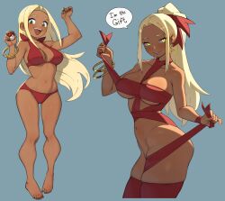 1girl absurdres adapted_costume alternate_costume alternate_hairstyle arm_up barefoot bikini blonde_hair bracelet breasts cleavage dark-skinned_female dark_skin english_text fingernails flowerpigeon full_body glowing glowing_eyes gold_bracelet green_eyes hair_ribbon hand_up hands_up high_ponytail highres holding holding_ribbon jewelry large_breasts light_blush long_hair looking_at_viewer multiple_bracelets multiple_views nail_polish naked_ribbon nintendo open_mouth parted_lips pokemon pokemon_xy ponytail red_bikini red_nails red_ribbon ribbon smile speech_bubble standing swimmer_(pokemon) swimmer_(pokemon_xy) swimsuit teeth toenail_polish toenails upper_teeth_only yellow_eyes