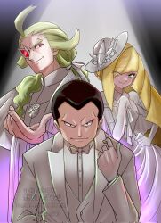 1girl 2boys black_bow black_eyes black_hair blonde_hair bow bowtie capelet closed_mouth coat dress elbow_gloves eyelashes eyes_visible_through_hair ghetsis_(pokemon) giovanni_(pokemon) gloves green_eyes green_hair hair_over_one_eye hat highres jacket long_hair long_sleeves looking_at_another lusamine_(pokemon) monocle multiple_boys nintendo open_clothes open_coat pokemon pokemon_bw pokemon_frlg pokemon_sm pokepokekonpeki red_eyes short_hair smile twitter_username vest white_bow white_bowtie white_capelet white_coat white_dress white_gloves white_hat white_jacket white_vest