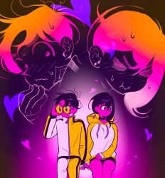 Rule 34 | 1boy, 1girl, adjusting eyewear, averting eyes, ayase momo, bandaged hand, bandages, bandaid, bandaid on cheek, bandaid on face, black choker, blush, choker, closed mouth, commentary, couple, dandadan, earrings, feet out of frame, floating earrings, glasses, gradient background, hair between eyes, heart, highres, holding hands, hood, hood down, hoodie, jacket, jewelry, long sleeves, medium hair, nervous sweating, round eyewear, short hair, shy, sitting, sweat, takakura ken (dandadan), track jacket, y8brass, zipper