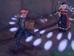 Rule 34 | 1boy, 1girl, angry, arrow (projectile), bandages, beard, blood, blood stain, blue dress, bow (weapon), braid, coat, crate, cross, danmaku, denim, dress, drugs, facial hair, grey hair, hat, jeans, long hair, multicolored dress, nerosik, nurse cap, orange hair, pants, postal (game), postal dude, red dress, running, smoke, smoking pipe, sunglasses, trench coat, two-tone dress, weapon, yagokoro eirin