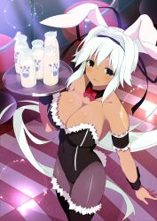 1girl animal_ears armband bare_shoulders black_eyes black_leotard black_ribbon black_thighhighs black_wrist_cuffs blush bottle bow bowtie breasts chair cleavage collarbone cow dark-skinned_female dark_skin detached_collar fake_animal_ears fake_tail frilled_armband frills from_above fur-trimmed_leotard fur-trimmed_thighhighs fur_trim hair_intakes hair_ribbon highleg highleg_leotard highres holding holding_tray indoors large_breasts lens_flare leotard long_hair looking_at_viewer milk milk_bottle official_art open_mouth pantyhose playboy_bunny ponytail rabbit_ears rabbit_tail ribbon senran_kagura senran_kagura_new_wave shiny_skin smile solo sparkle strapless strapless_leotard tail thighhighs traditional_bowtie tray very_long_hair white_hair wrist_cuffs yaegashi_nan yuuyaki_(senran_kagura)