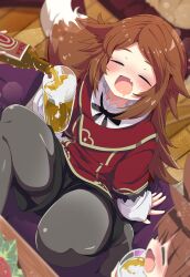 Rule 34 | 2girls, :d, = =, ^ ^, absurdres, alcohol, animal ears, beer, beer bottle, beer mug, black pantyhose, black ribbon, black shorts, blurry, blurry background, blush, bottle, brown hair, closed eyes, commission, cup, cushion, depth of field, drooling, drunk, fang, fox ears, fox girl, fox tail, from above, highres, holding, holding bottle, holding cup, indoors, long hair, long sleeves, mug, multiple girls, neck ribbon, no shoes, open mouth, original, pantyhose, pantyhose under shorts, parted bangs, pouring, red shirt, ribbon, shiro9jira, shirt, short shorts, shorts, sitting, skeb commission, skin fang, sleeves past wrists, smile, solo focus, table, tail, very long hair, white shirt, zabuton