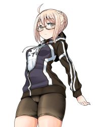 1girl :c ahoge artoria_pendragon_(fate) bike_shorts black-framed_eyewear blonde_hair blue_choker braid breasts cameltoe choker cowboy_shot dark_persona fate/grand_order fate_(series) female_focus french_braid frown glasses gym_uniform hair_bun highres hood hoodie mysterious_heroine_x_alter_(fate) mysterious_heroine_x_alter_(second_ascension)_(fate) poncocchan semi-rimless_eyewear short_hair single_hair_bun small_breasts solo thighs under-rim_eyewear unzipped white_background yellow_eyes