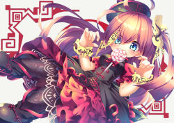 1girl ahoge black_boots black_pantyhose boots breasts candy dress emil_chronicle_online food frilled_dress frilled_skirt frills ghost_pose hat highres jiangshi long_hair medium_breasts ofuda pantyhose pink_hair skirt specter_alma yupi828