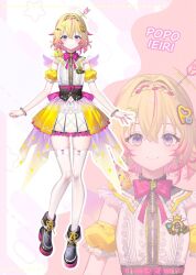 1girl black_footwear blonde_hair bow bowtie character_name closed_mouth dress earrings full_body hair_ornament ieiri_popo jewelry looking_at_viewer multicolored_hair nanashi_inc. official_art pink_bow pink_bowtie pink_hair purple_eyes riichu short_hair short_sleeves smile standing thighhighs virtual_youtuber white_thighhighs zettai_ryouiki zoom_layer