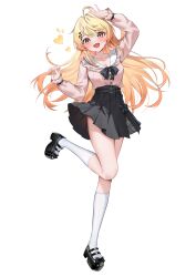 Rule 34 | 1girl, :d, absurdres, ahoge, alternate costume, arm up, beamed eighth notes, black ribbon, black shoes, black skirt, blonde hair, braid, brown eyes, commentary, double-parted bangs, eighth note, fortissimo, frilled shirt collar, frills, full body, gradient hair, hair between eyes, hair ornament, hairclip, highres, hololive, hololive dev is, jirai kei, kneehighs, long hair, looking at viewer, miniskirt, multicolored hair, musical note, musical note hair ornament, one side up, open mouth, orange hair, otonose kanade, pink shirt, platform shoes, pleated skirt, ribbon, sailor collar, shirt, shirt tucked in, shoes, shuvi (shuvi1125), side braid, sidelocks, simple background, single braid, skirt, smile, socks, solo, standing, standing on one leg, tail, very long hair, virtual youtuber, white background, white hair, white sailor collar, white socks