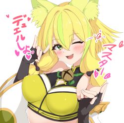 1girl animal_ear_fluff animal_ears bell black_bow blonde_hair blush bow breasts cleavage collarbone covered_erect_nipples detached_sleeves double_fox_shadow_puppet duel_monster fox_ears fox_girl fox_shadow_puppet green_eyes highres hu-li_the_jewel_mikanko japanese_clothes kurobe_18 large_breasts long_hair long_sleeves neck_bell one_eye_closed open_mouth simple_background smile solo upper_body white_background yu-gi-oh!