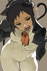 1girl animal_ears backlighting black_hair bodysuit bow bowtie breasts cameltoe cat_ears cat_tail contrapposto covered_navel fake_animal_ears grey_background head_tilt highres impossible_bodysuit impossible_clothes leaning_forward looking_at_viewer open_mouth original paw_pose petosu_(sunoco) purple_eyes red_bow red_bowtie simple_background skin_tight small_breasts solo tail teeth