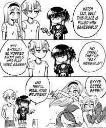 1boy 3girls 3koma blanket carrying carrying_person choker closed_eyes clothes_writing comic corrupted_twitter_file ear_piercing emo-girl_(grs-) english_text fins greyscale grs- hairband highres jewelry long_hair medium_hair mermaid monochrome monster_girl multiple_girls no_mouth original piercing pointing pointing_at_another pointy_ears pun shell shell_bikini shirt skull_print smelling smile t-shirt water waving yuri