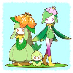 absurdres bright_pupils brown_eyes commentary_request creatures_(company) evolutionary_line flower game_freak gen_5_pokemon grass highres hisuian_lilligant lilligant looking_at_viewer nintendo no_mouth orange_eyes orange_flower own_hands_together petilil pokemon pokemon_(creature) purple_eyes standing white_pupils zitome_i
