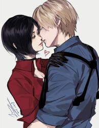 Rule 34 | 1boy, 1girl, ada wong, black choker, black gloves, black hair, blonde hair, blue shirt, chest harness, choker, collared shirt, commentary request, couple, from side, gloves, hand on another&#039;s shoulder, harness, heart, holster, imminent kiss, leon s. kennedy, looking at another, meow (cindy738), parted lips, red shirt, resident evil, resident evil 6, shirt, short hair, signature, simple background, three quarter view, upper body