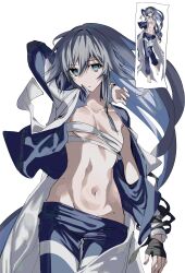 1girl bandages dud7827 expressionless fu_hua fu_hua_(azure_empyrea) fu_hua_(taixuan_impression) groin honkai_(series) honkai_impact_3rd jingwei_(bird) navel pants sarashi tagme