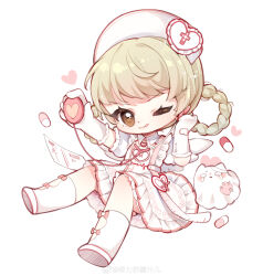 1girl ;q absurdres angel_wings blonde_hair blunt_bangs boots bow bow_legwear braid braided_hair_rings brown_eyes buttons cardiogram cardiogram_print cat chibi chinese_commentary closed_mouth clothing_cutout collared_dress commentary_request cross cross_print dot_nose dress eyelashes fake_wings feathered_wings frilled_dress frilled_gloves frills ghost gloves hair_rings hand_on_own_ear happy hat hat_ornament heart heart_hat_ornament heart_print highres holding holding_stethoscope infinity_nikki knees_up leg_cutout light_blush light_particles loose_hair_strand nikki_(series) nuli_de_chengzhi_er nurse nurse_cap one_eye_closed paper pill pink_bow red_cross short_dress short_hair simple_background sitting smile solo sparkle stethoscope sweet_diagnosis_(infinity_nikki) swept_bangs tareme tongue tongue_out watermark weibo_watermark white_background white_boots white_dress white_gloves white_hat white_wings wings