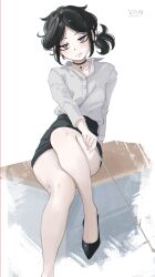 1girl ashley_graves black_choker black_hair black_skirt blush choker high_heels highres looking_at_viewer pink_eyes ponytail shirt sitting skirt teacher the_coffin_of_andy_and_leyley thighs vaniste white_background white_shirt