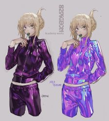 1girl absurdres arm_behind_back blonde_hair candy cowboy_shot cropped_legs folded_ponytail food green_eyes grey_background hand_up heterochromia highres holding jacket lollipop long_sleeves multiple_views original pants pigeon666 purple_eyes purple_jacket purple_pants satin shiny_clothes sidelocks simple_background