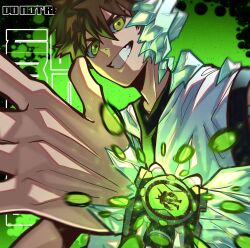 Rule 34 | 1boy, absurdres, ben 10, ben tennyson, brown hair, commentary, crystal skin, diamondhead, english commentary, foreshortening, glowing, green background, green eyes, green light, grin, hair between eyes, hand up, highres, looking at viewer, male focus, omnitrix, ovotheartist (kidddovo), shirt, short hair, smile, solo, transformation, upper body, watermark, white shirt
