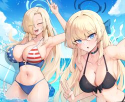 2girls american_flag american_flag_bikini american_flag_print asuna_(blue_archive) awun bikini black_bikini black_choker blonde_hair blue_archive blue_eyes blue_halo blue_sky breasts choker cleavage closed_eyes day flag_print flag_print_bikini halo highres large_breasts long_hair looking_at_viewer multiple_girls navel open_mouth print_bikini sky smile stomach swimsuit toki_(blue_archive) v water wet