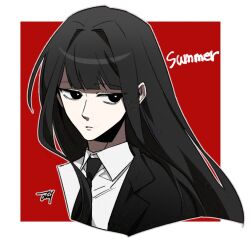 Rule 34 | 1girl, bbabbamis2, black eyes, black hair, black jacket, black necktie, borrowed character, english text, heroine (homicipher), homicipher, jacket, long hair, looking at viewer, necktie, red background, shirt, simple background, white shirt