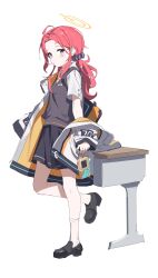1girl 2t_(vmyz7342) absurdres ahoge bag black_shoes blue_archive blush brown_vest forehead full_body halo highres jacket loafers long_hair looking_at_viewer open_clothes open_jacket orange_halo parted_bangs red_hair school_uniform shirt shoes short_sleeves skirt socks solo vest white_socks yellow_halo yuzu_(blue_archive)